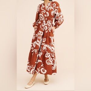 Anthropologie Somerset Long-Sleeve Maxi Dress| Brown and White Floral | XS